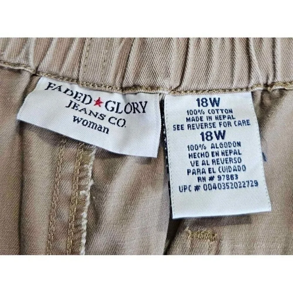 Faded Glory Woman Elastic Waist Tan Wide Straight Leg 5 Pocket Pants Sz 18W